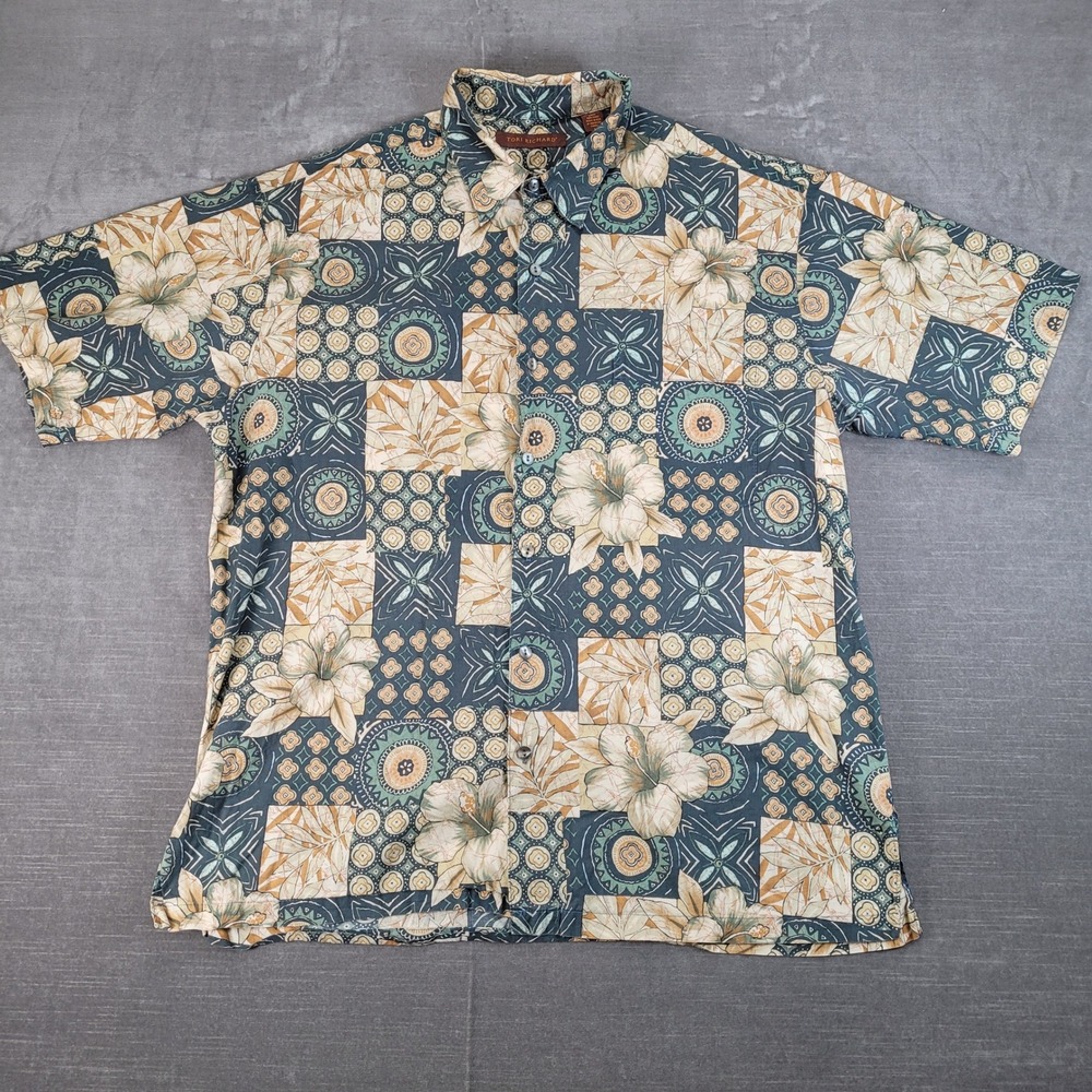 Tori Richard Mens Lg Hawaiian Aloha Shirt Floral Patchwork Short Sleeve Button - Picture 1 of 6
